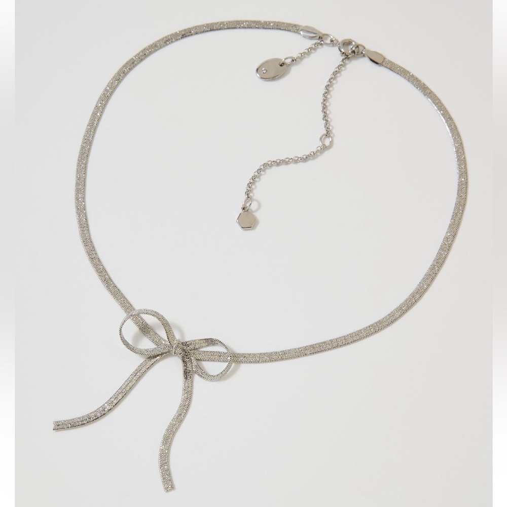 🆕 Aerie Stardust Bow Ribbon Silver Necklace, Delicate Dainty Chain, Girlhoodcore